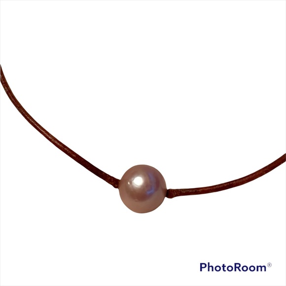 Hand Crafted Jewelry - Pink Tahitian Pearl & Blue Beach Glass on Leather Cord